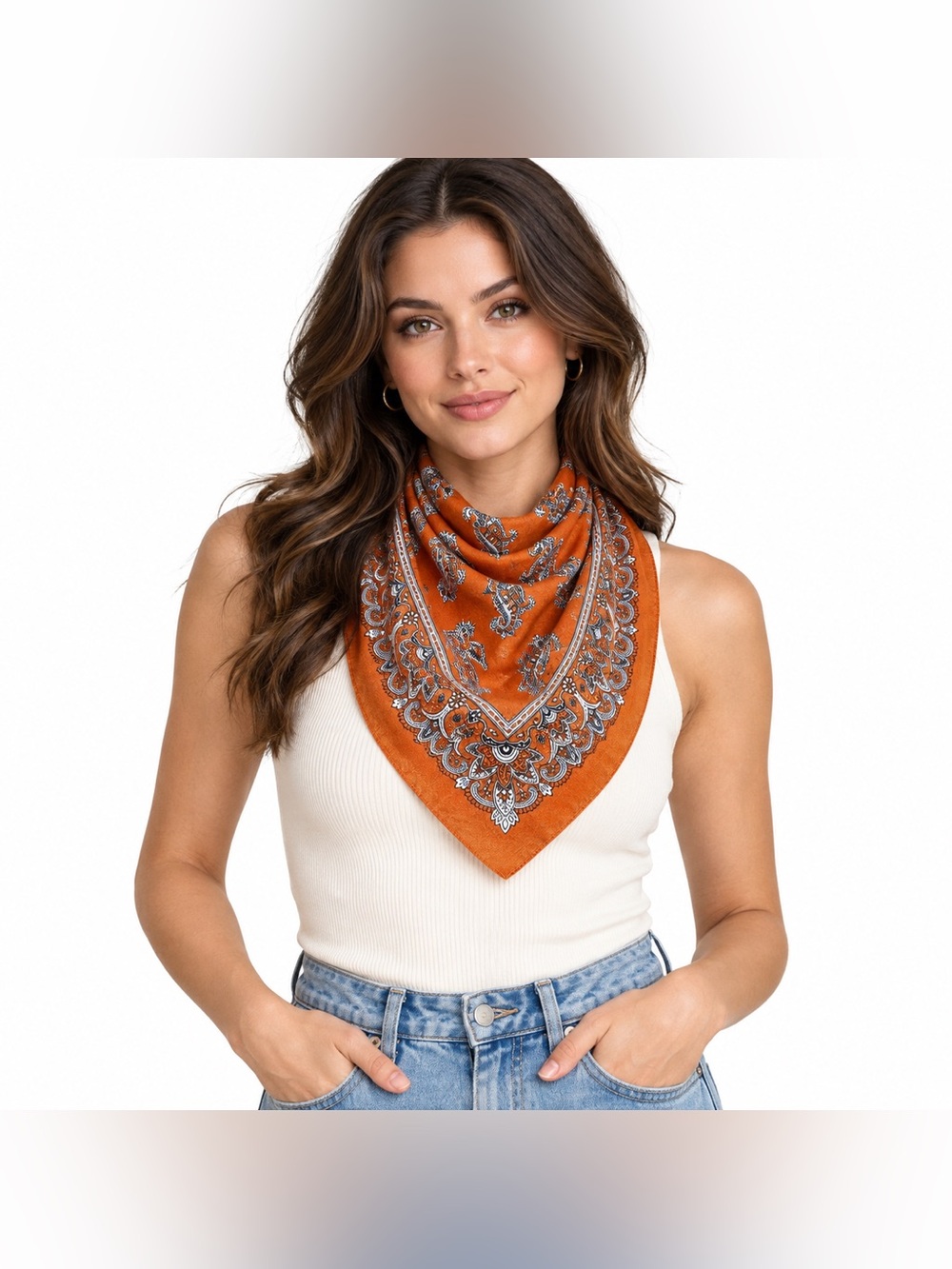 Burnt Orange Paisley Bandana Square Scarf Boho Western 23x22